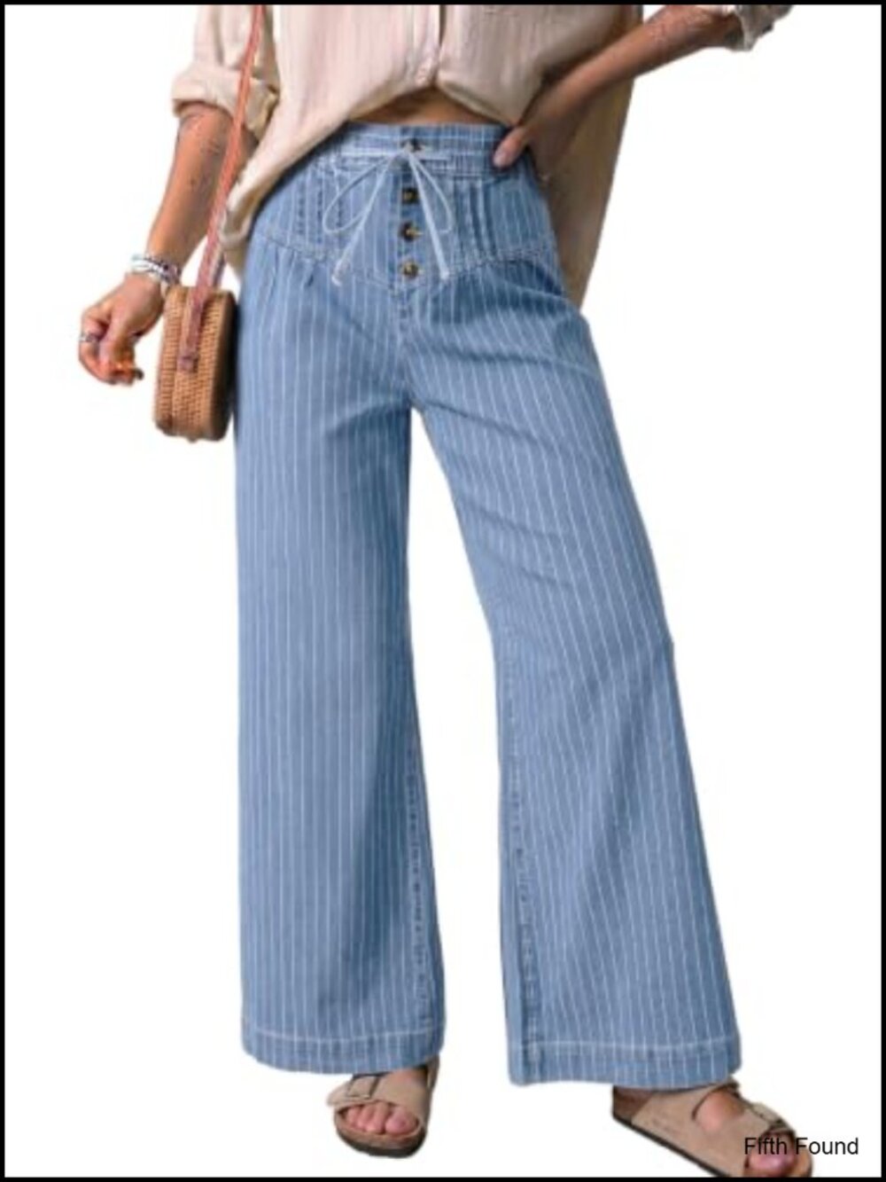 Dokotoo Women's Wide Leg Baggy Jeans Drawstring Striped Button Denim Pants
